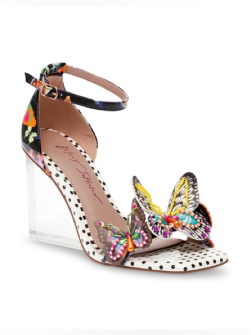 Betsey Johnson Marloe Butterfly Vinyl Wedge Sandals In Black Multi